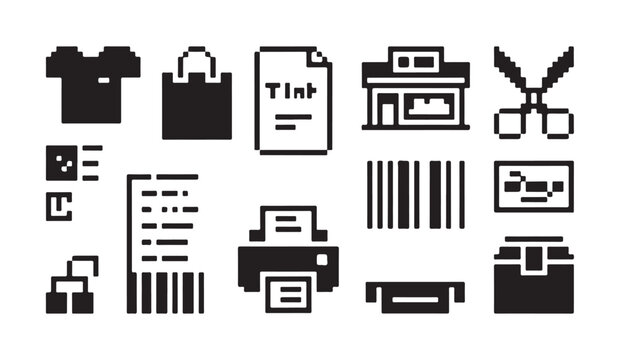 Retail and shopping pixel art icon set including clothing bags and barcode scanner symbols.