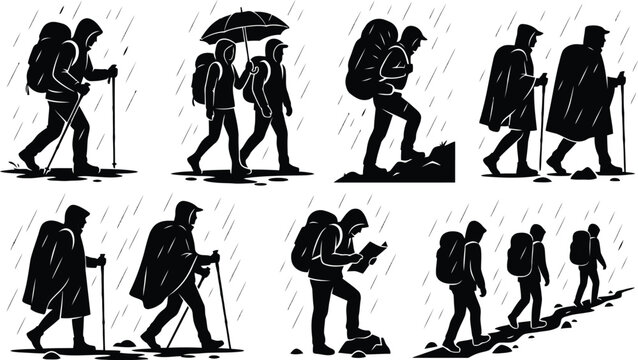 Hikers and travelers with backpacks in nature