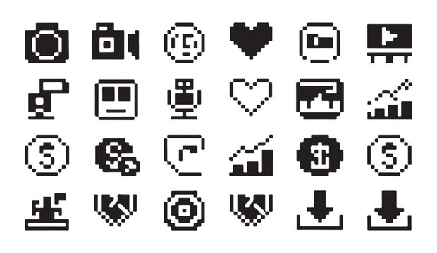 Digital pixelated icon library for finance business growth and online streaming media.