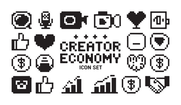 Pixel art creator economy icon set with video camera microphone and money symbols for web.