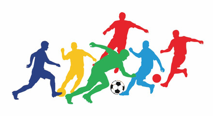Obraz premium Colorful silhouettes of soccer players in dynamic action poses, including dribbling and running with footballs, isolated on white background for sports design and posters.