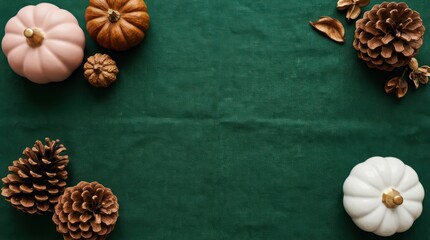 Fototapeta premium Autumn flat lay with pumpkins and pinecones on a dark green linen background