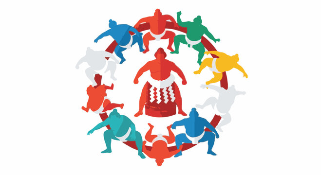 Vector illustration of colorful sumo wrestler silhouettes in a circular formation surrounding a central grand champion figure in ceremonial attire on a plain white background.