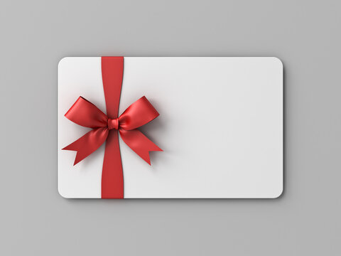 Blank white business gift card with red ribbon bow isolated on grey background with shadow minimal conceptual 3D rendering