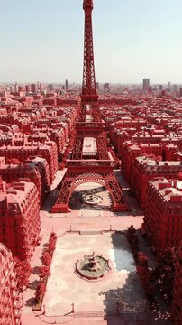 Aerial view of Paris cityscape with Eiffel Tower.