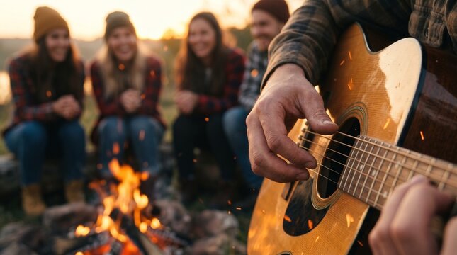 Friends gather around campfire as musician plays acoustic guitar during outdoor evening