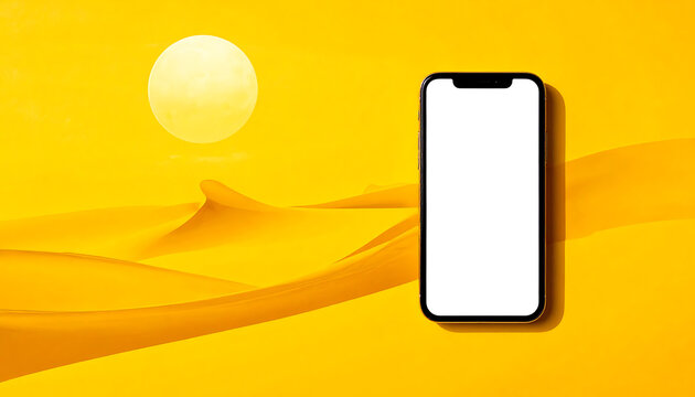 Smartphone with blank white screen template floating over golden desert landscape, sunset dunes, mobile app promotion, travel marketing