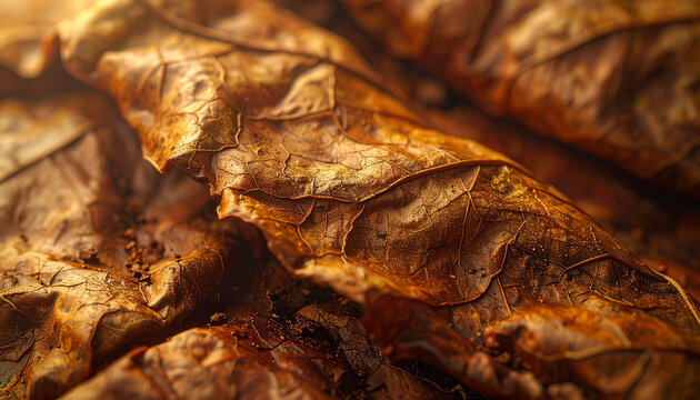 Close up of dried leaves with textured surfaces and warm colors