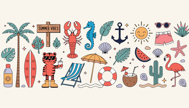 Flat vector summer sticker sheet with sunscreen bottle