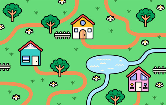 Colorful neighborhood map with cute houses, winding roads, trees, flowers, and a pond. Ideal for community, navigation, town planning, children, and travel concepts vector illustration cartoon