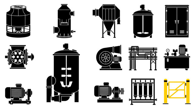 Industrial equipment vector icon set featuring black silhouettes of factory machinery, storage tanks, electric pumps, blowers, and piping systems for engineering infographics and web design