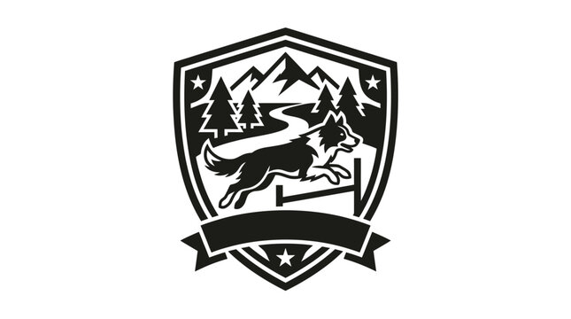 Mountain landscape dog shield with jumping collie silhouette.