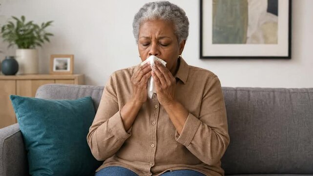 Elderly African American Woman Blowing Nose with Tissue Due to Cold or Allergy at Home