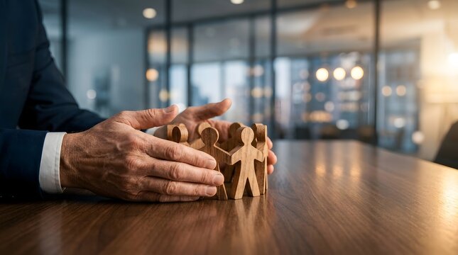 Corporate leadership and team protection concept with businessman hands safeguarding a circle of wooden human figures