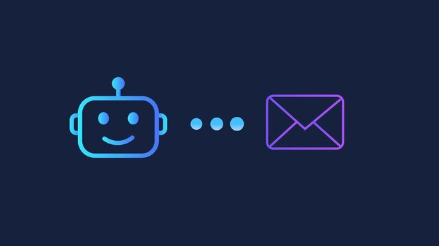 Animated motion graphics showing a smiling robot head icon connecting to an envelope mail icon via three loading dots. Concept of AI email automation, digital marketing, and newsletters.
