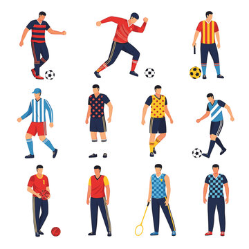 Vector illustration set of male athletes in patterned sportswear outfits, including soccer players with balls, basketball and badminton gear, featuring stripes, dots and checks.