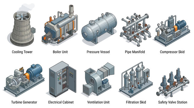 Isometric Industrial Equipment Icon Set for Infographics and Presentations, Featuring Vector Illustrations of Boiler, Generator, Cooling Tower, and Factory Machinery
