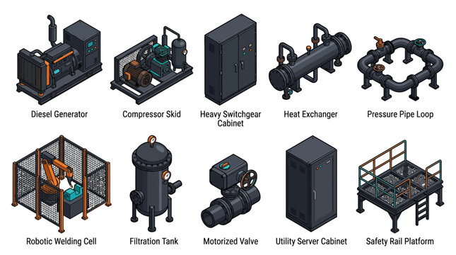 Isometric Industrial Equipment and Machinery Icon Set with Generator, Compressor, Switchgear, Heat Exchanger, Robotic Welder, Filtration Tank, and Valves Vector Illustration for Infographics