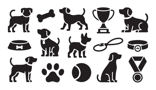 Dog pet care icons with trophies bowl bone leash collar medal and toys.