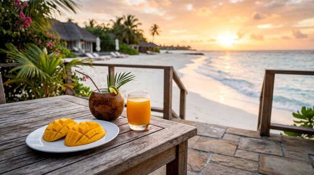 A refreshing mango fruit and juice drink are served on a wooden table at a tropical beach resort during sunset.