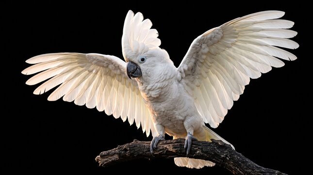 A beautiful white umbrella cockatoo bird with its wings spread wide perches on a branch.