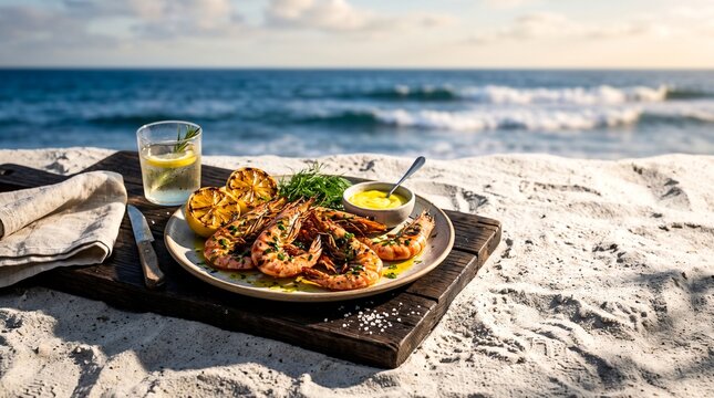 Grilled shrimp with lemon and sauce on a plate on a wooden board on the sand at the beach