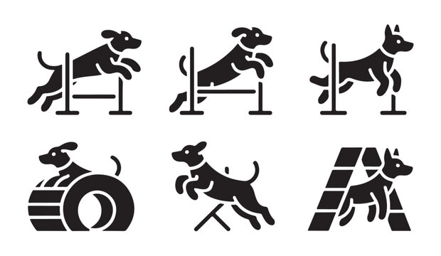 Set of dog agility training icons, including dog jumping over hurdles and through tunnel.