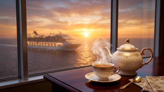 A steaming cup of tea and teapot sit on a table by a window overlooking a cruise ship at sunset.