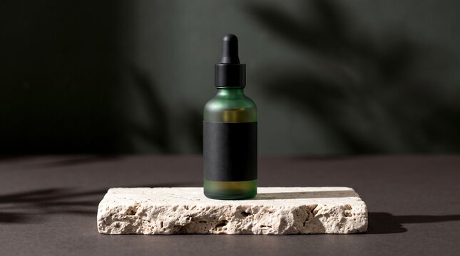 A green glass dropper bottle with a blank black label is sitting on a rough stone slab.