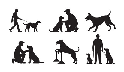 Fototapeta premium Dog training silhouettes with owners walking jumping over hurdles and obedience exercises.