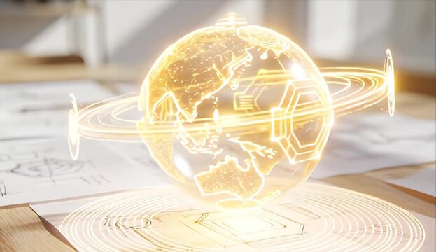 Hologram globe digital technology futuristic network innovation human ai collaboration for global data visualization, hologram design blueprint table, augmented reality glowing earth projection