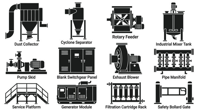 Industrial Equipment Vector Icon Set with Black Silhouette Machinery Symbols for Factory Engineering, Process Flow Diagrams, and Technical Presentations