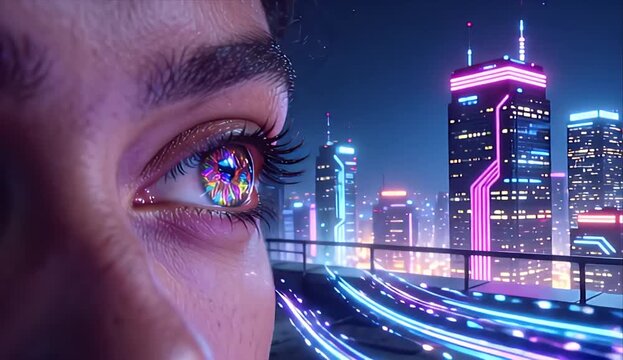 Cyberpunk cityscape skyline neon night with futuristic technology, human ai collaboration and biometric eye scan hologram interface, light trail flow toward skyline for security identity verification