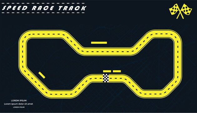 Road track or Race track in yellow color isolated on dark background with a street map.