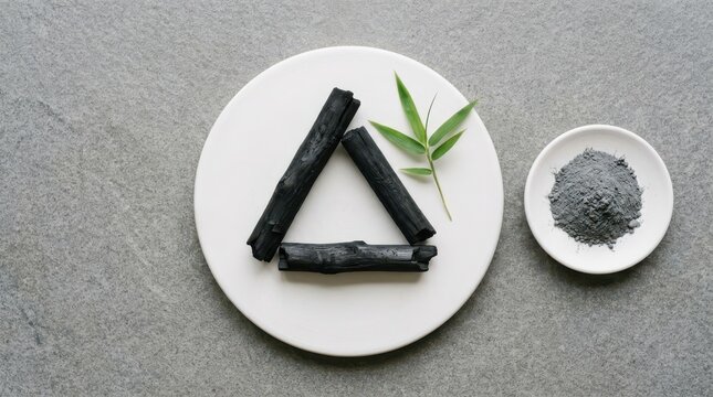 Bamboo charcoal sticks arranged in a triangle shape with a small bowl of charcoal powder and a green bamboo leaf on a grey stone background