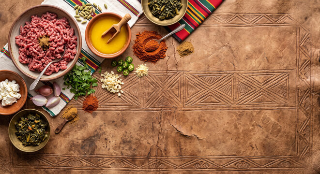 Overhead flat lay of Ethiopian Kitfo minced beef ingredients on tanned hide