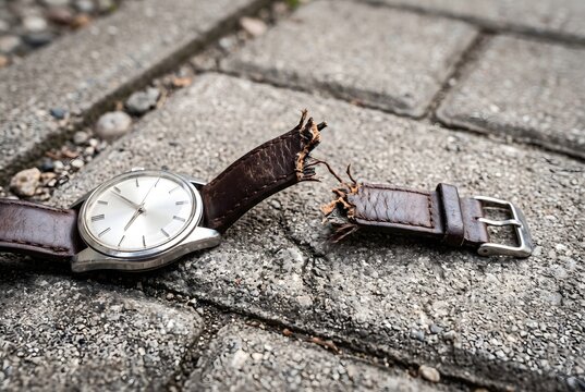 Close up of a snapped genuine leather watch band on a paved sidewalk