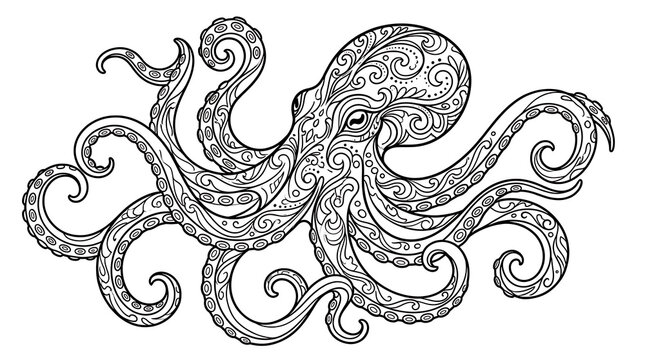 Intricate zentangle octopus illustration, detailed black and white line art drawing of a sea creature with ornate floral patterns isolated on white background