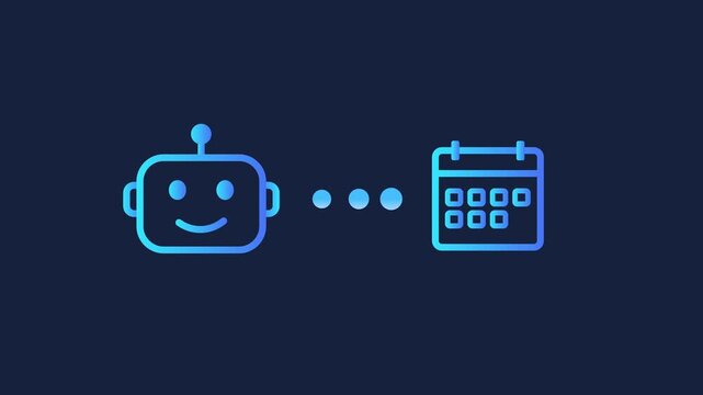 Animated motion graphics showing a smiling robot head icon connecting to a speech text bubble via three loading dots. Concept of AI conversation, technical support, and automatic chatbot.