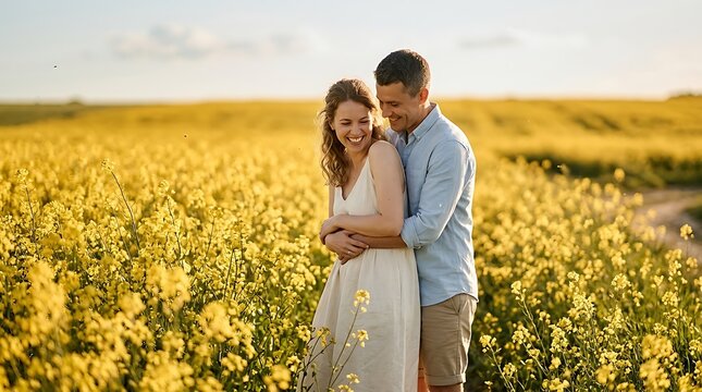 Happy siblings embracing in golden wheat field.