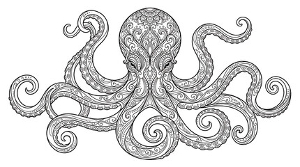Intricate ornamental octopus illustration, hand drawn zentangle style sea creature, detailed black and white line art for coloring book, isolated on white background © Jhando