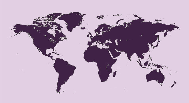 Silhouette of a world map in a dark plum purple color isolated against a light lavender background showing all major continents and islands in a minimalist flat vector design style.