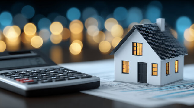 Model house beside a calculator on documents, representing mortgage planning, real estate finance, and property investment.
