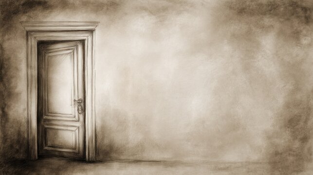 Open wooden door revealing dark textured wall background with copy space