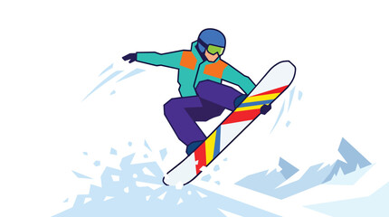 Fototapeta premium Snowboarder performing air grab trick in vibrant flat vector art style for extreme sports promotion