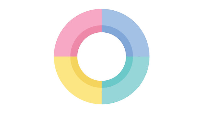 Flat vector illustration of a minimalist circular ring divided into four equal segments featuring pastel shades of pink, blue, yellow, and teal isolated on a white background.