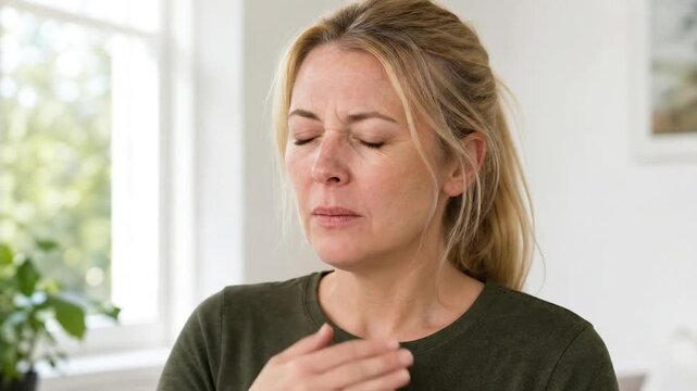 Tired Mature Woman Yawning and Covering Mouth in Bright Indoor Room