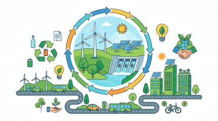 Fototapeta premium Eco-friendly energy solutions illustrated with wind turbines and solar panels