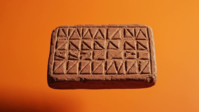 Ancient clay tablet with geometric carvings rotating on orange background.