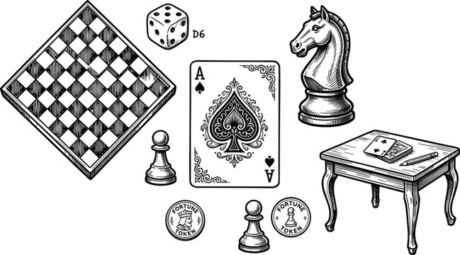 Board games and tabletop gaming illustration collection, chess cards dice symbol set, vintage engraved vector design bundle artwork